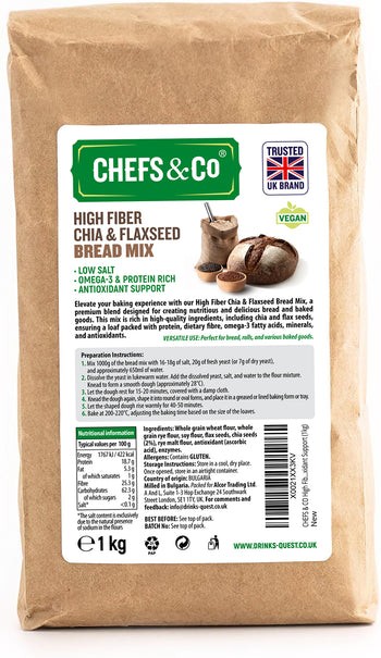 CHEFS & CO High Fiber Chia & Flaxseed Bread Mix 1kg - Omega-3, Protein Rich, Antioxidant Support, Low Salt